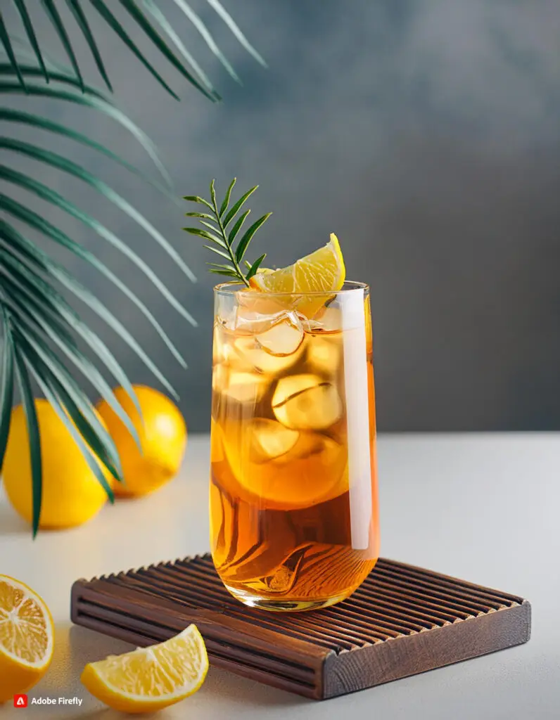 An image focusing on a golden 52North Beachside Negroni rum cocktail on a white table with lemons surrounding the drink.