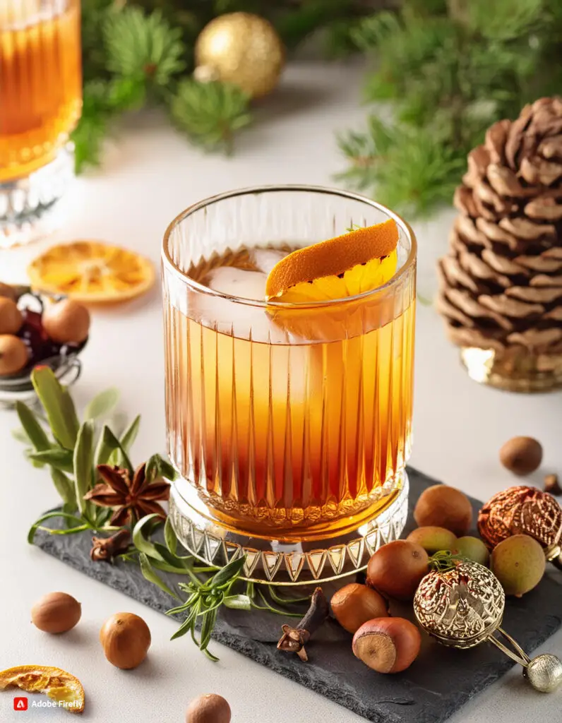 A photo of a 52North Old Fashioned rum cocktail on a white table surrounded by chestnuts.