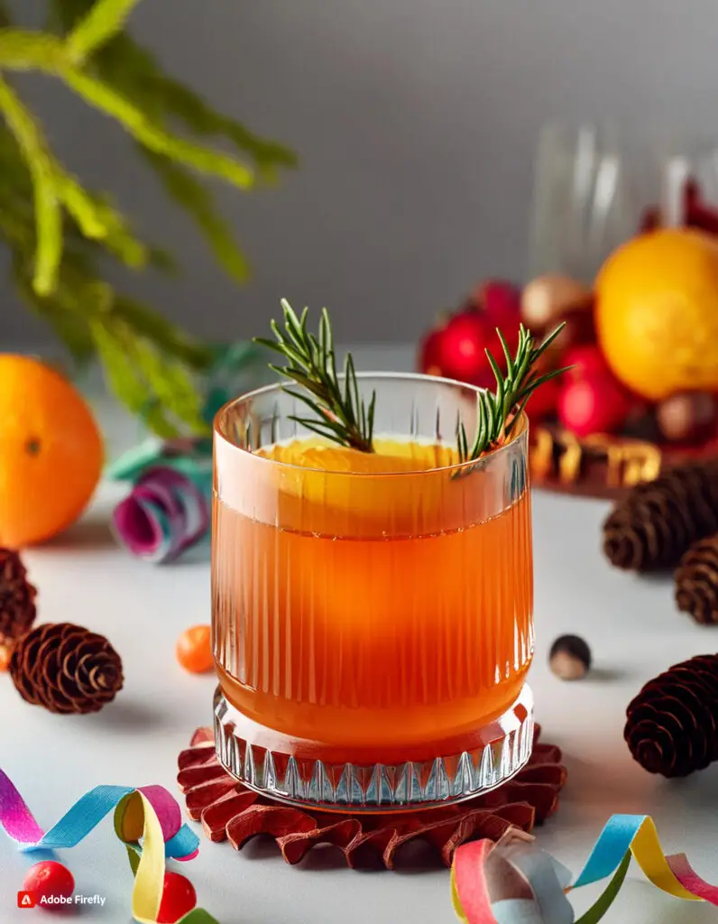 A photo focusing on a 52North Rum Bliss Cosmo rum cocktail on a white table surrounded by decorations.