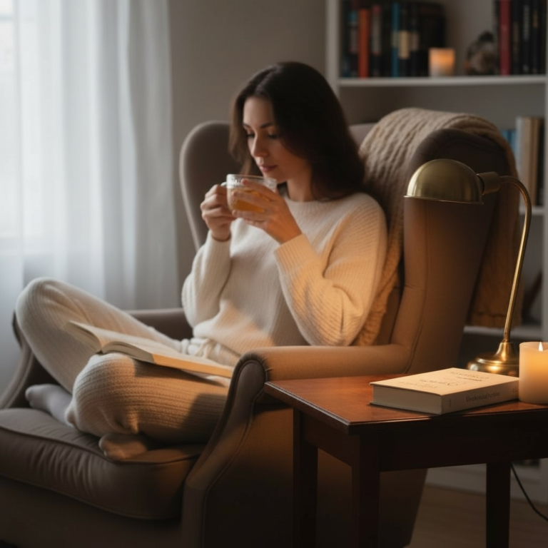 A young woman sitting in an armchair sipping a 52North Drinks Rum Hot Toddy in a home.