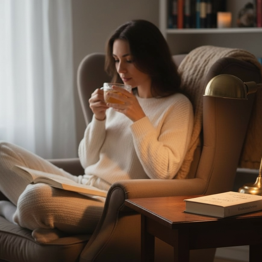 A young woman sitting in an armchair sipping a 52North Drinks Rum Hot Toddy in a home.