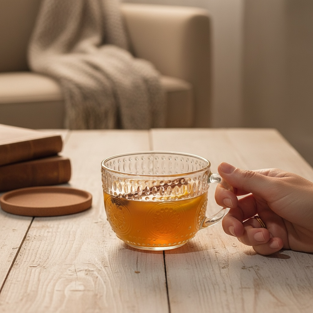 A medium close up of a hand grabbing a glass of Hot Rum Toddy on a wooden table.