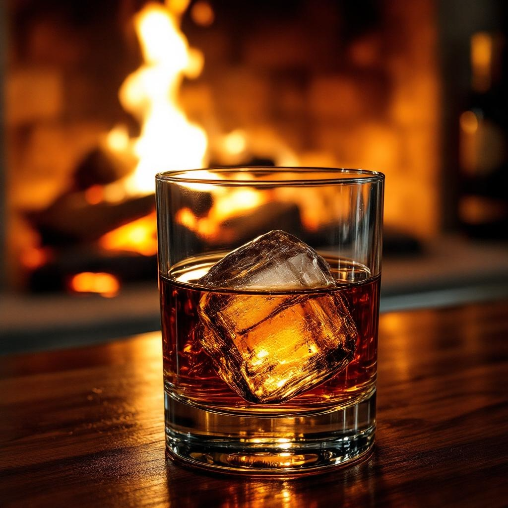 A rum cocktail sitting by a fire in the distance.