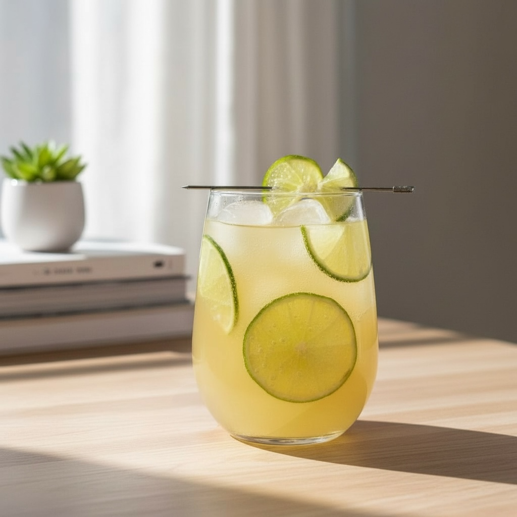 A light yellow Winter Rum and Ginger cocktail with ginger ale and lime made from 52North Rum.