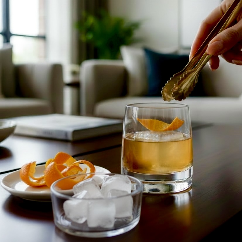 A medium closeup shot of a hand placing an orange on a 52North Spiced Rum cocktail.