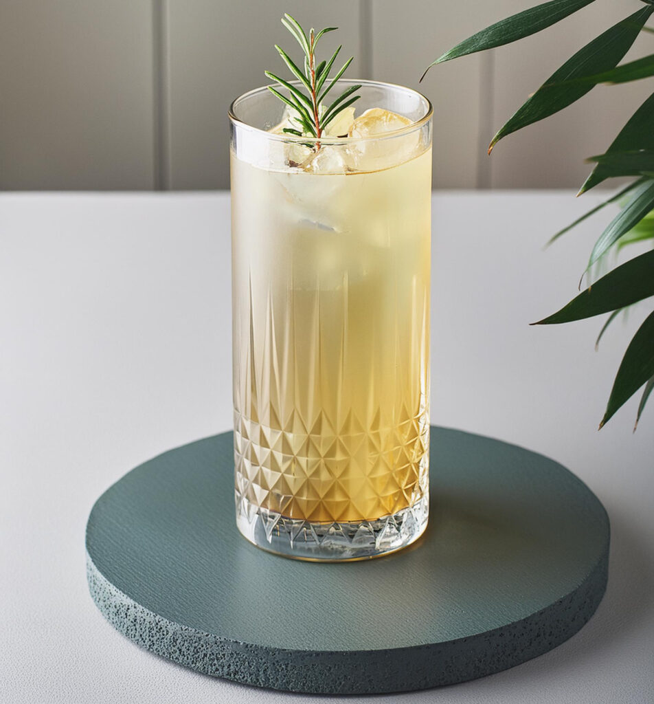 A medium shot of a Yuzu Lime Tom Collins.