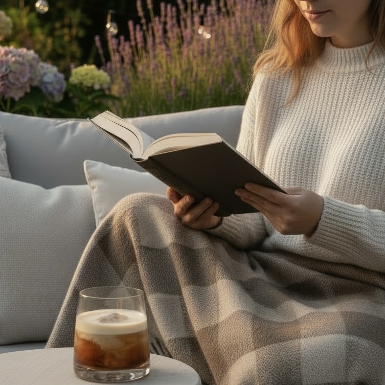 A medium shot of a woman reading a book outside with a 52North Drinks Caramel Iced Coffee Cocktail.