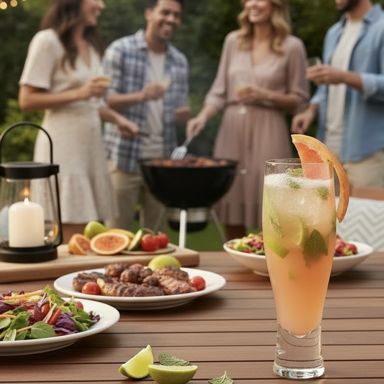 A medium shot of a Grapefruit refresher 52North cocktail with a BBQ and picnic table outside.
