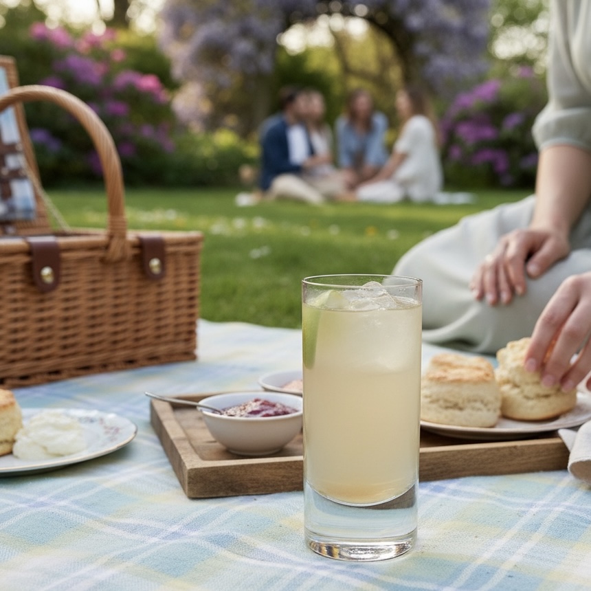 A medium shot of a Northern Air Mail cocktail by 52North on a picnic.