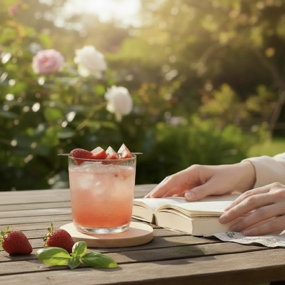 A medium shot of a 52North Strawberry and Basil Smash cocktail placed on a garden table.
